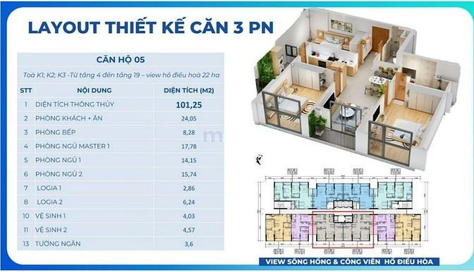 Hình ảnh BQL Khai Sơn city CHCC 1810 (120m2, 3 ngủ, 3vs,1 khách) Giá hơn 4tỷ