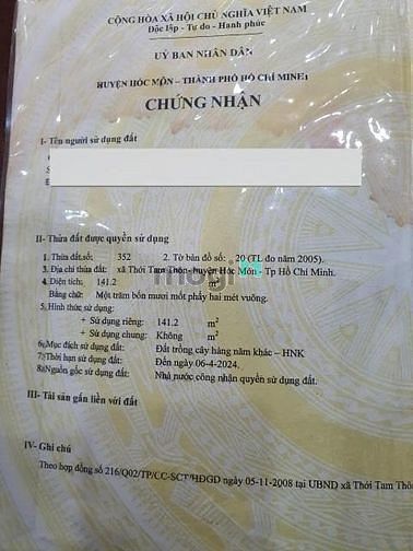 Hình ảnh Bán gấp lô đất 141m2, Thới Tam Thôn 7, Hóc Môn, Giá 540 Triệu.