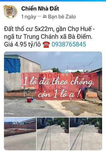 Hình ảnh Đất thổ cư 5x22m, gần Chợ Huế - ngã tư Trung Chánh xã Bà Điểm.