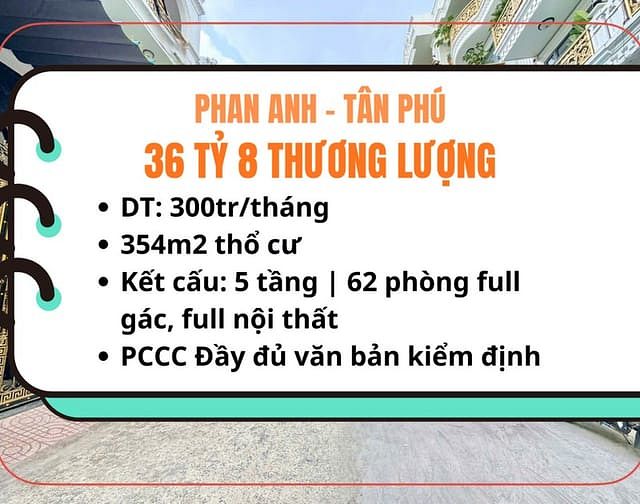 Hình ảnh Bán CHDV ngay Phan Anh, Tân Phú, DT 3 tỷ 6/năm, 36 tỷ 800 thương lượng